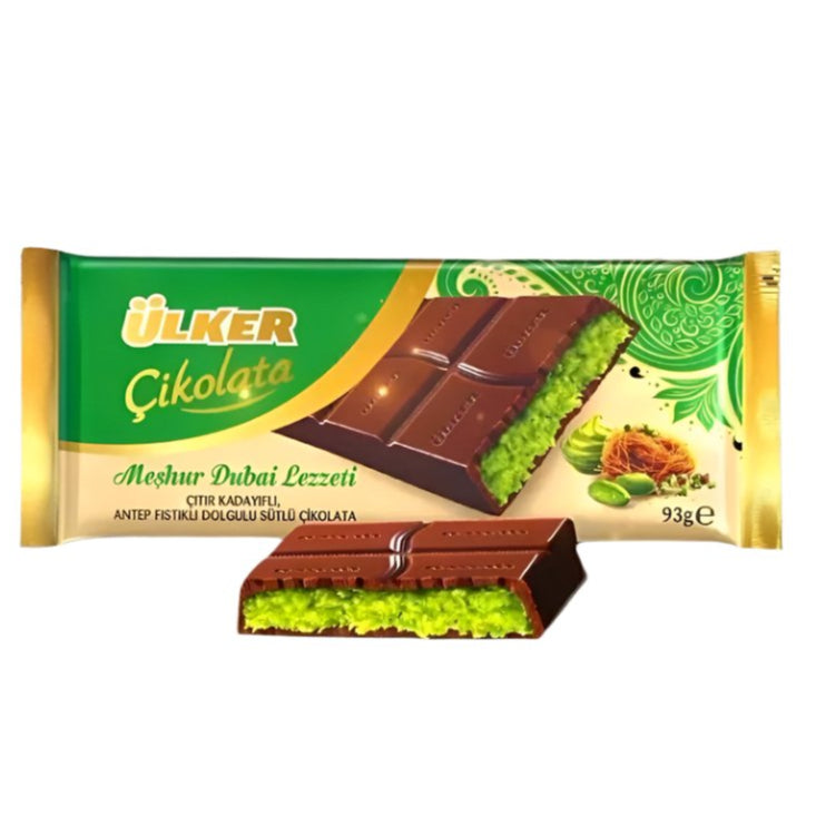 Ulker Dubai Chocolate bar with Antep pistachio cream and visible crunchy kadaif pieces