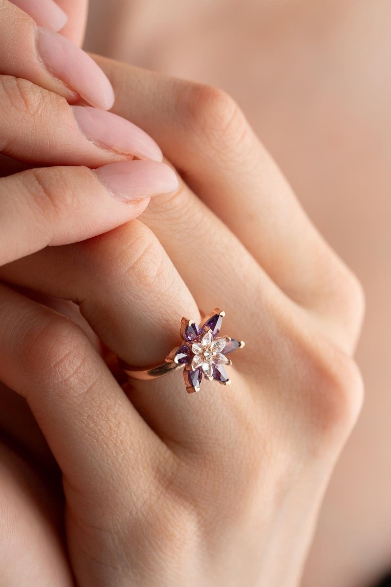 Nereze | Rose Color Purple and White Stone Lotus Flower Adjustable Size Ring - TryAladdin