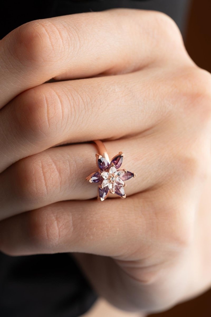 Nereze | Rose Color Purple and White Stone Lotus Flower Adjustable Size Ring - TryAladdin