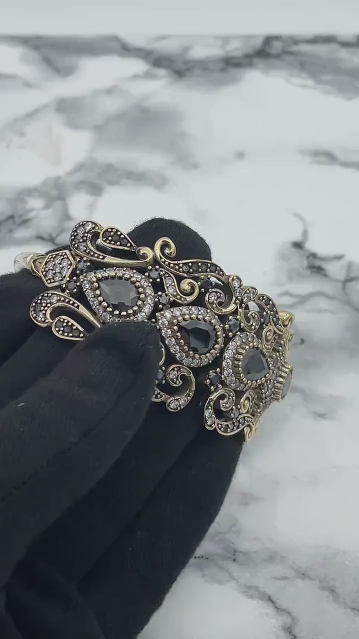 Istanbul smykker | Onyx Ottoman Style Justerbar Manchet Håndlavet Sølv Armbånd